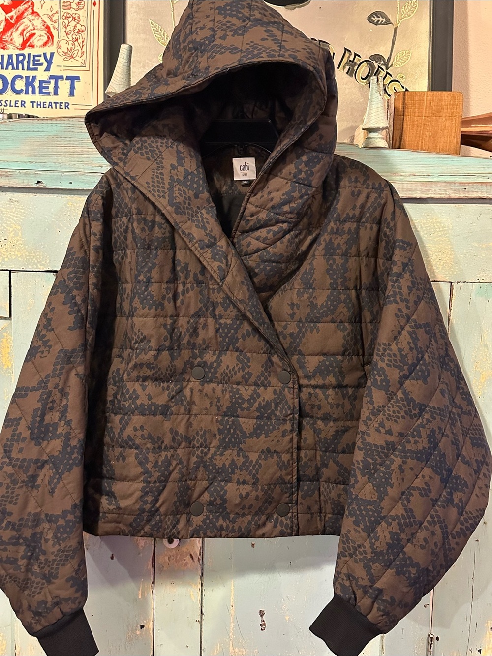 CAbi Brown Quilted Python Print Hooded Shawl-Collar Puffer Jacket